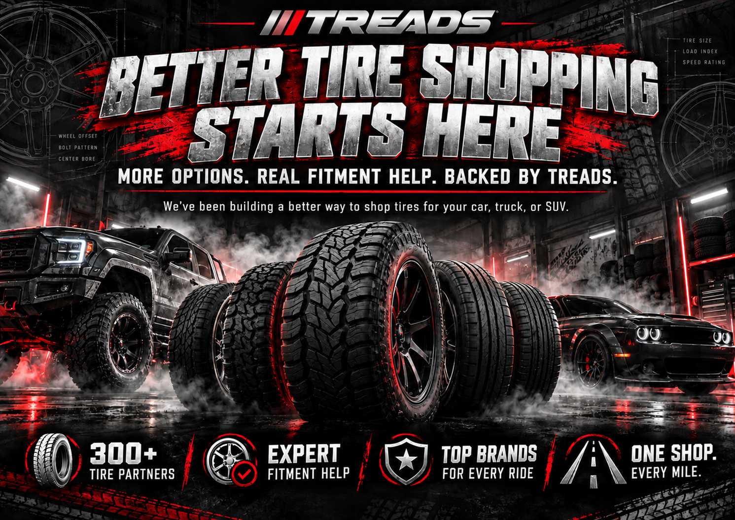 Shop tires in Hudson Oaks with Treads. All-terrain and street tire options with expert fitment guidance and access to 300+ tire partners.